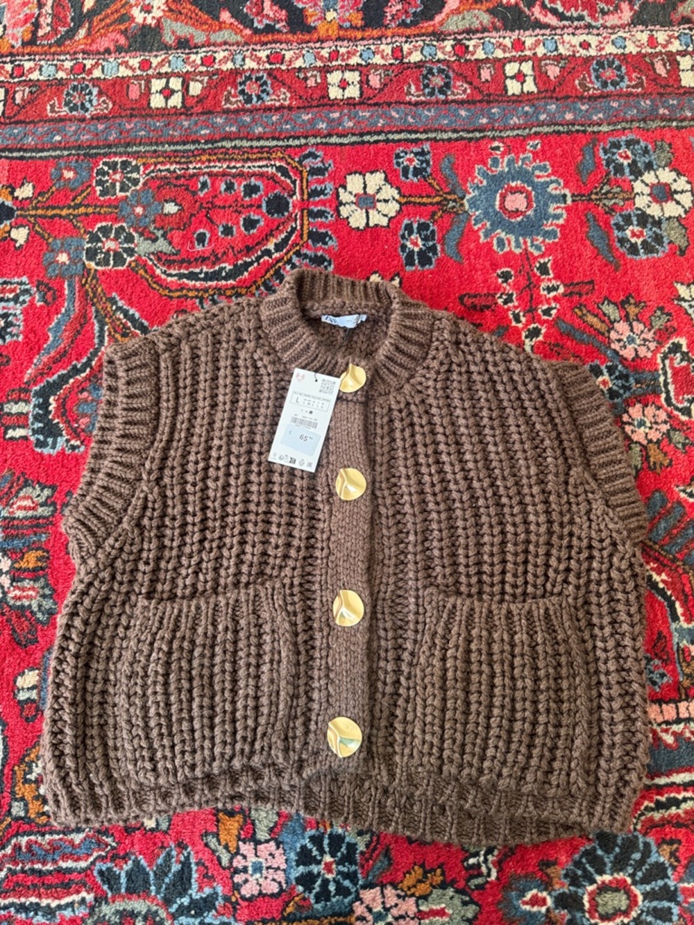 Zara Chunky Knit Brown Button Cardigan Vest